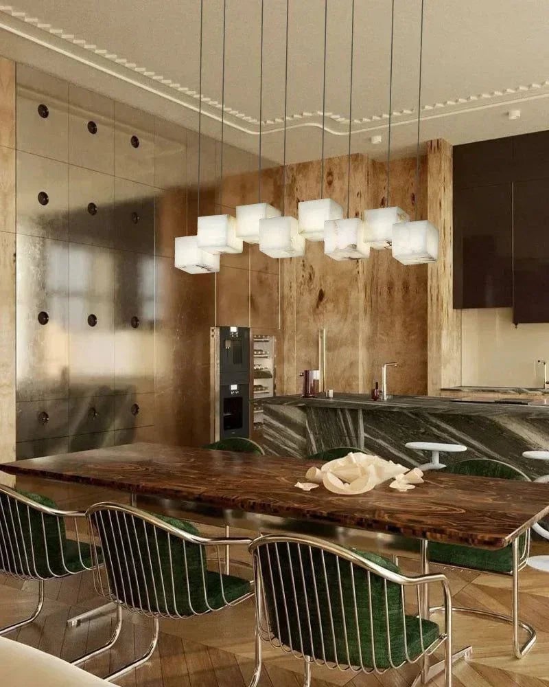 LightsStory Series Geometric Chandelier | Square Cube Cluster Natural Spanish Alabaster, Natural Stone finish for Modern Lobbies and Dining Rooms Modern Pendant lamp