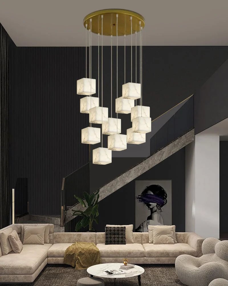LightsStory Series Geometric Chandelier | Square Cube Cluster Natural Spanish Alabaster, Natural Stone Finish for High Ceilings and Modern Living Spaces Modern Pendant lamp