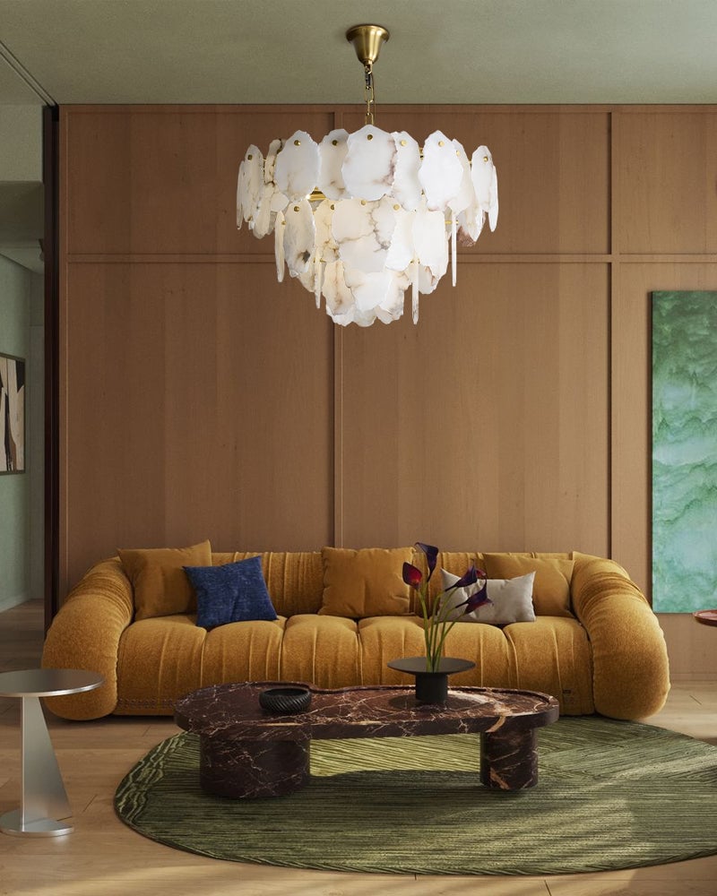 LightsStory Series Geometric Chandelier | Tier Hand-cut natural alabaster and marble, Aged Brass and Black Metal for Living rooms, dining areas, and grand entryways Luxury Modern Chandelier