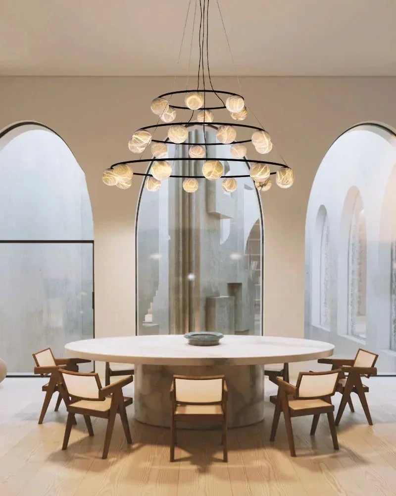 LightsStory Series Geometric Chandelier | Tiered Orb Cluster Hand-Carved Natural Alabaster, Antique Black and Brass finish for Modern Dining Rooms and Grand Foyers Modern Pendant lamp