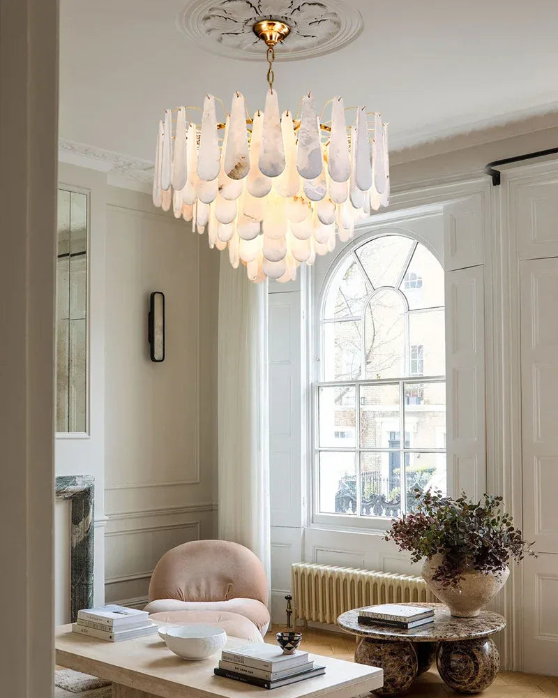 LightsStory Series Geometric Chandelier | Tiered Rectangular Thick marble-derived Alabaster, Natural Stone finish for Dining Rooms, Lobbies, and Foyers Luxury Modern Chandelier