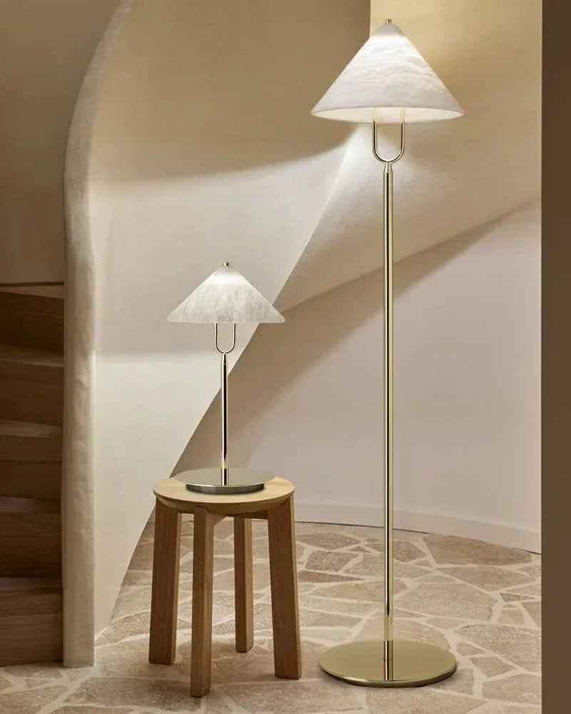 LightsStory Series Geometric Floor Lamp | Cone Shade Handcrafted natural alabaster stone and electrolytic-bathed iron, Polished brass finish for Living rooms, studies, and transitional spaces Modern Designer Floor Lamp