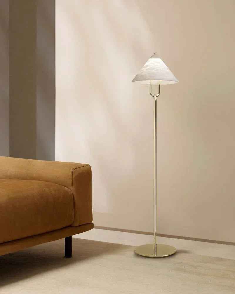 LightsStory Series Geometric Floor Lamp | Cone Shade Handcrafted natural alabaster stone and electrolytic-bathed iron, Polished brass finish for Living rooms, studies, and transitional spaces Modern Designer Floor Lamp