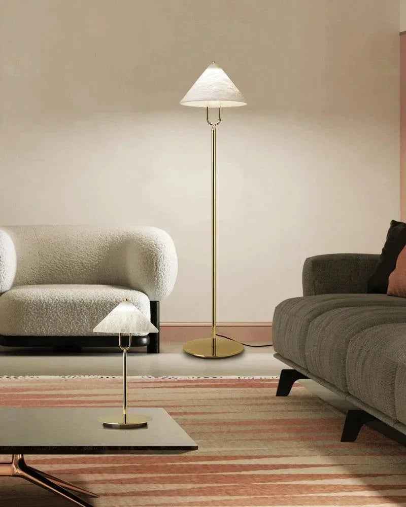LightsStory Series Geometric Floor Lamp | Cone Shade Handcrafted natural alabaster stone and electrolytic-bathed iron, Polished brass finish for Living rooms, studies, and transitional spaces Modern Designer Floor Lamp