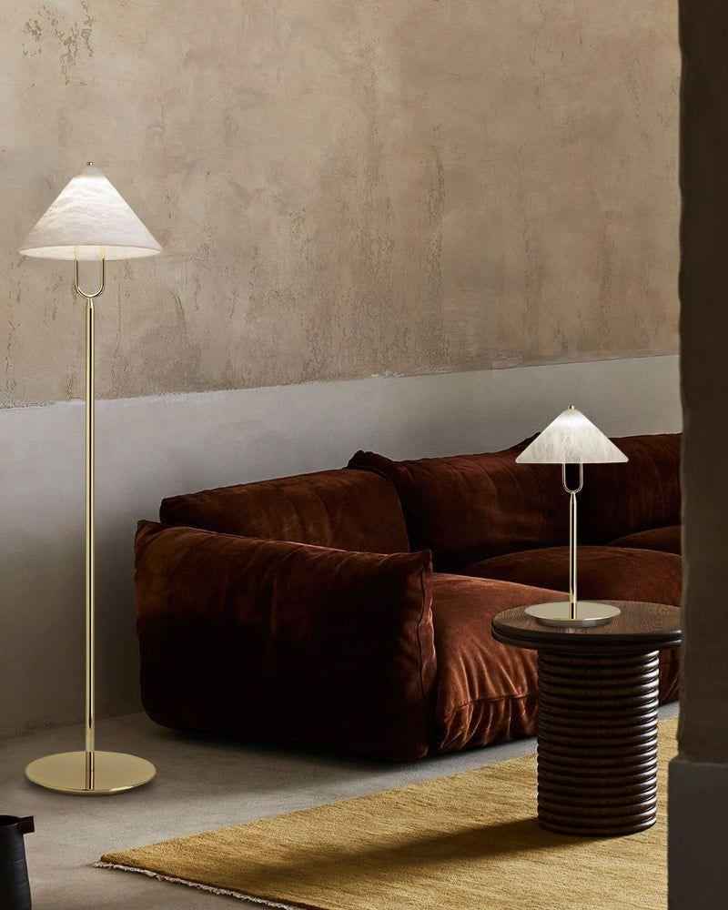 LightsStory Series Geometric Floor Lamp | Cone Shade Handcrafted natural alabaster stone and electrolytic-bathed iron, Polished brass finish for Living rooms, studies, and transitional spaces Modern Designer Floor Lamp