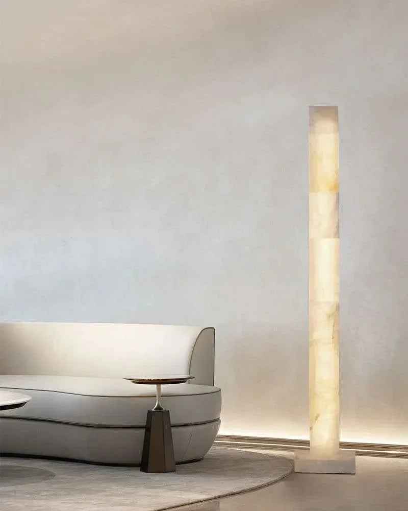 LightsStory Series Geometric Floor Lamp | Square Column Artisan-polished white alabaster panels with natural veining, Flawless polished surface for Living rooms, bedrooms, and hallways American standing floor lamp