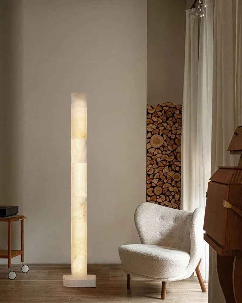 LightsStory Series Geometric Floor Lamp | Square Column Artisan-polished white alabaster panels with natural veining, Flawless polished surface for Living rooms, bedrooms, and hallways American standing floor lamp