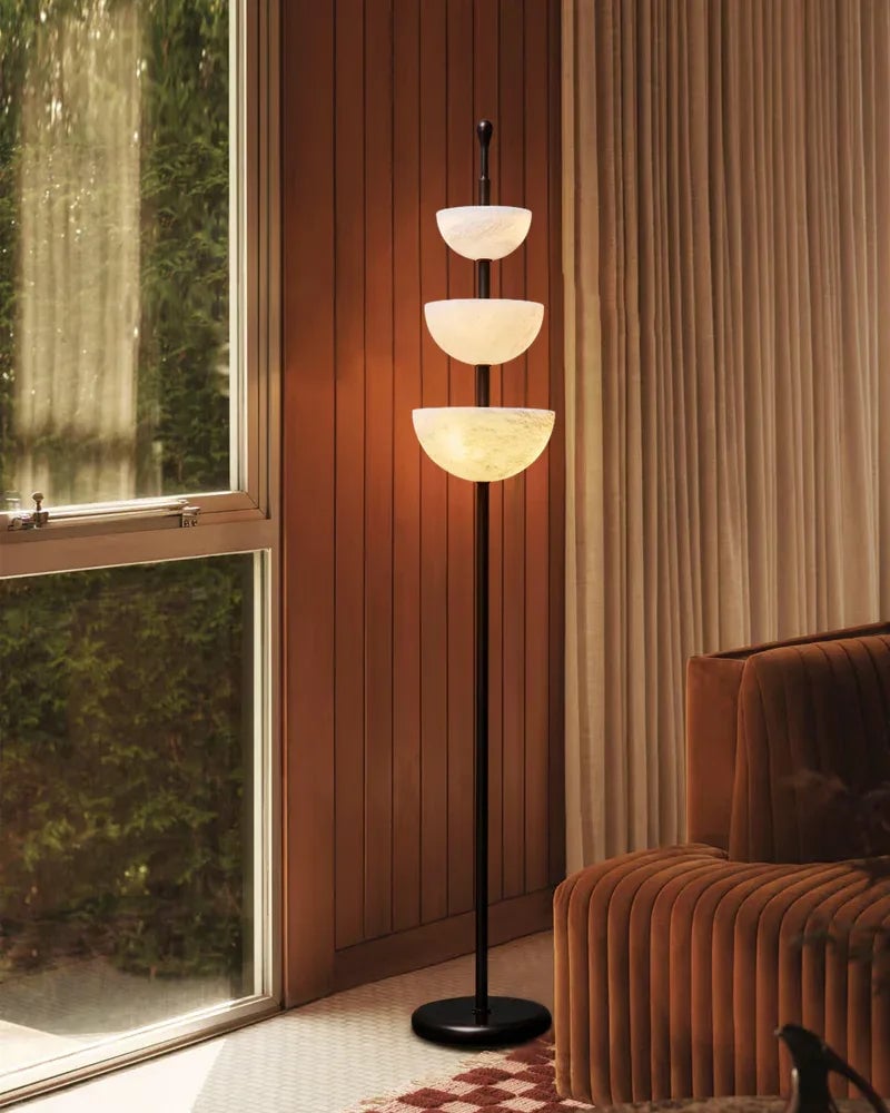 LightsStory Series Geometric Floor Lamp | Triple Bowl Natural marble and snowflake gypsum, Modern Black hardware for Living rooms and bedrooms American standing floor lamp
