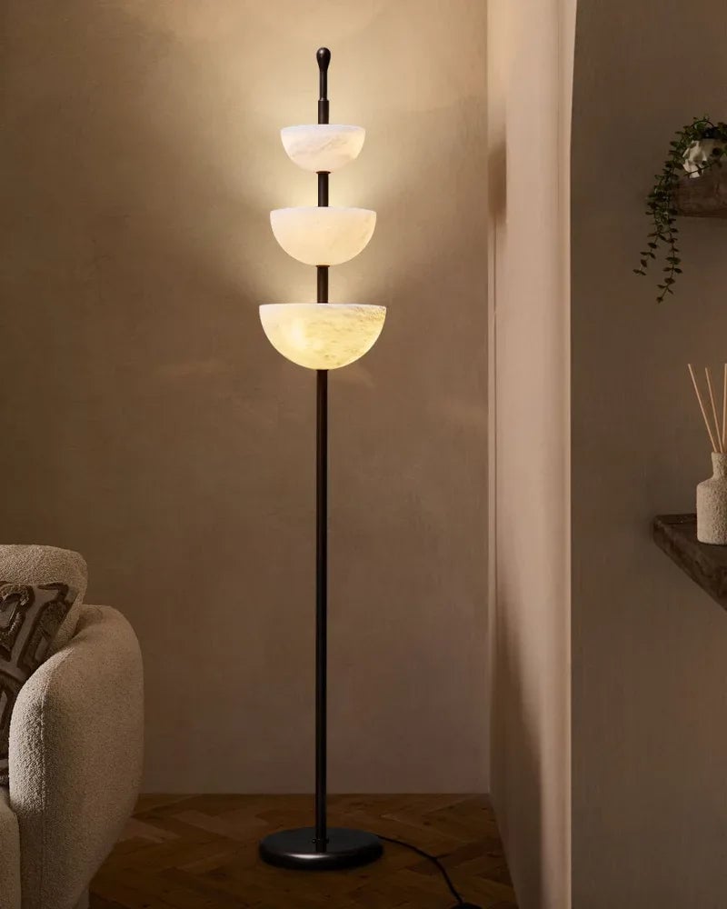 LightsStory Series Geometric Floor Lamp | Triple Bowl Natural marble and snowflake gypsum, Modern Black hardware for Living rooms and bedrooms American standing floor lamp