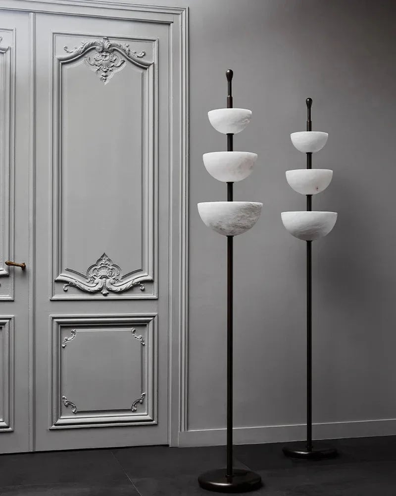 LightsStory Series Geometric Floor Lamp | Triple Bowl Natural marble and snowflake gypsum, Modern Black hardware for Living rooms and bedrooms American standing floor lamp