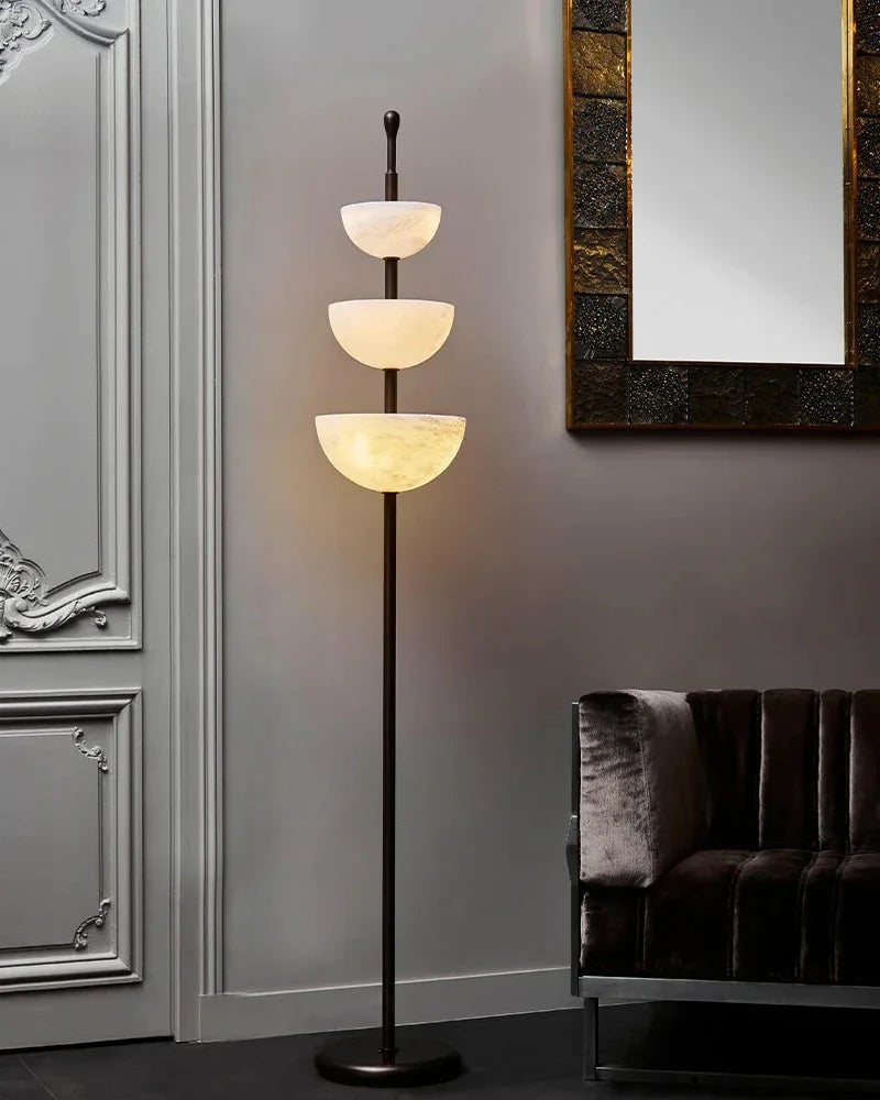 LightsStory Series Geometric Floor Lamp | Triple Bowl Natural marble and snowflake gypsum, Modern Black hardware for Living rooms and bedrooms American standing floor lamp