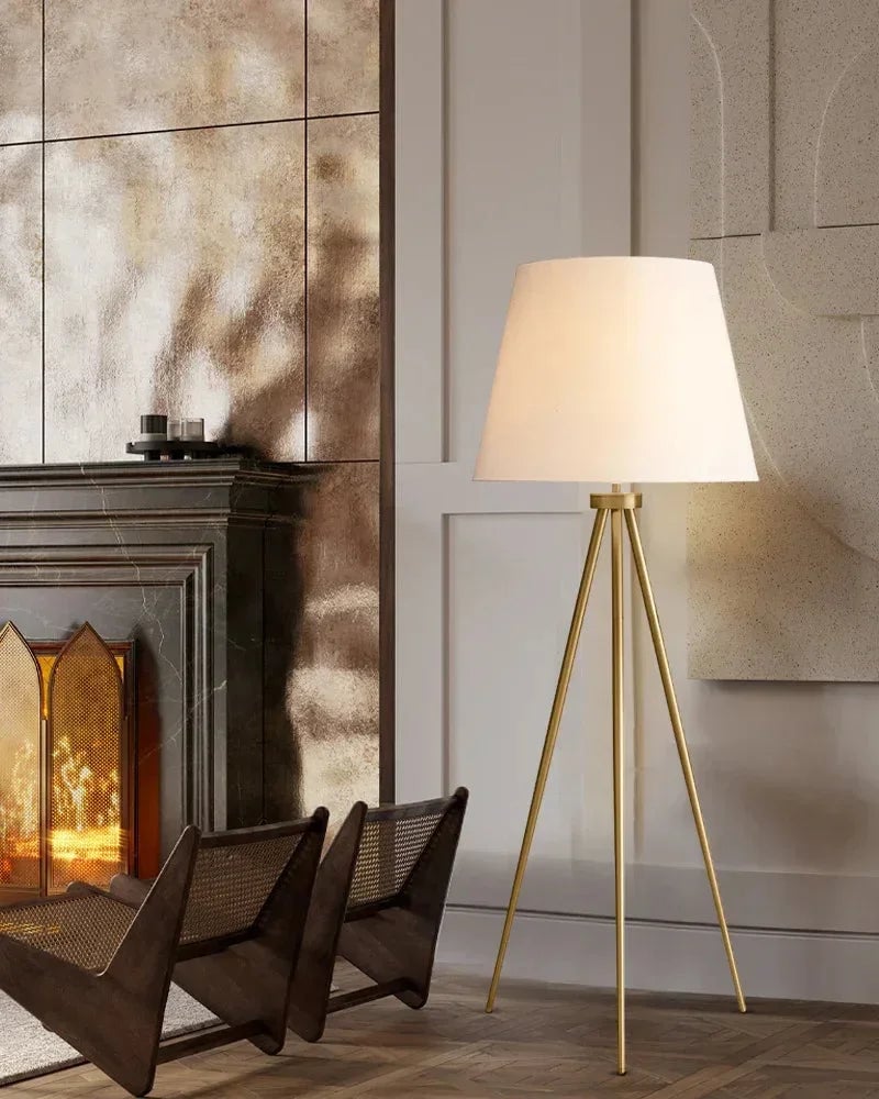 LightsStory Series Geometric Floor Lamp | Tripod Base Sturdy metal construction with textured linen shade, Polished brass, black, and silver finish for Living rooms, reading nooks, and office spaces American standing floor lamp