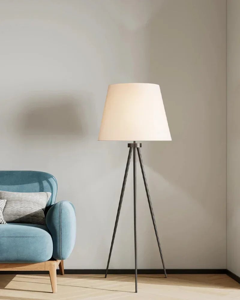 LightsStory Series Geometric Floor Lamp | Tripod Textured linen shade with sturdy metal construction, Polished brass, black, and silver finish for Living rooms, reading nooks, and office spaces American standing floor lamp