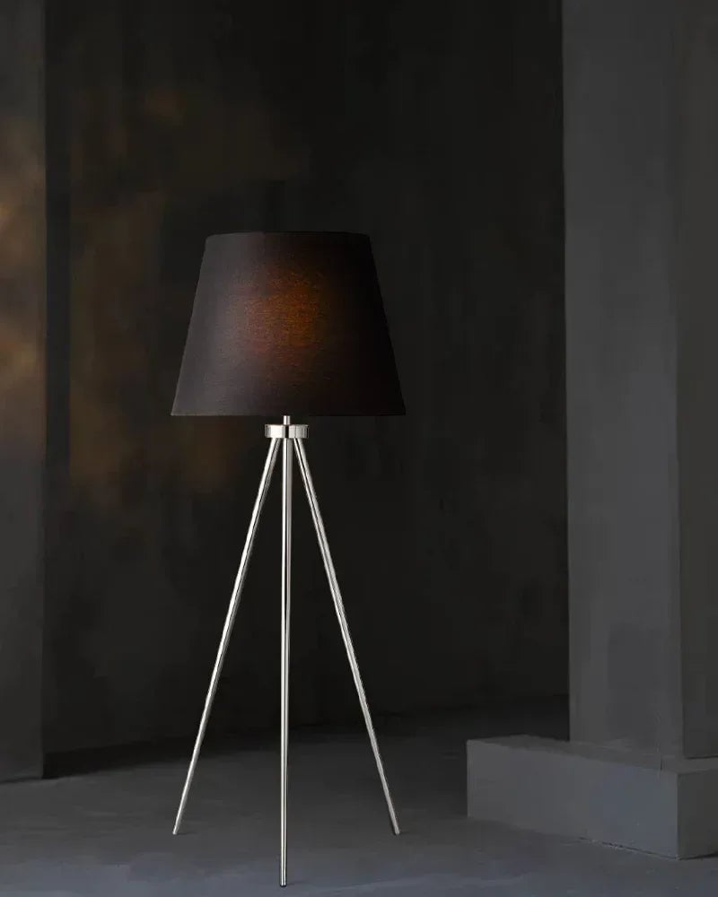 LightsStory Series Geometric Floor Lamp | Tripod Textured linen shade with sturdy metal construction, Polished brass, black, and silver finish for Living rooms, reading nooks, and office spaces American standing floor lamp