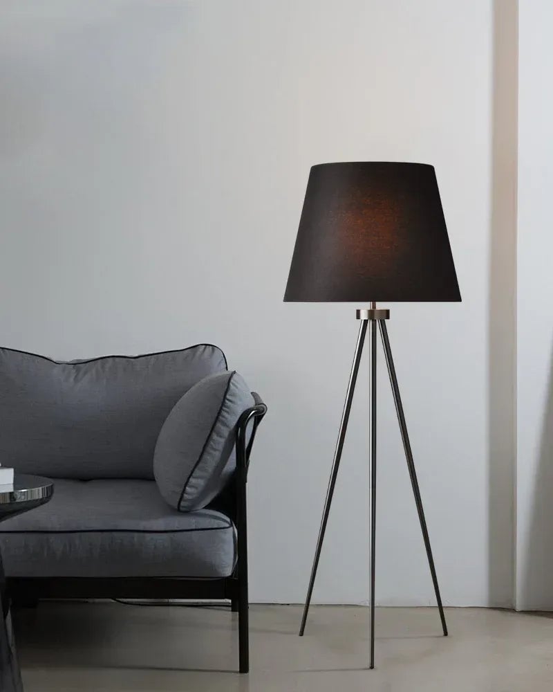 LightsStory Series Geometric Floor Lamp | Tripod Textured linen shade with sturdy metal construction, Polished brass, black, and silver finish for Living rooms, reading nooks, and office spaces American standing floor lamp