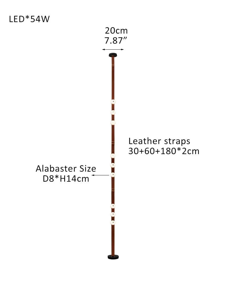 LightsStory Series Geometric Floor-to-Ceiling Light | Modular LED Handcrafted white alabaster with fine leather straps, Brown Leather finish for Rental apartments and modern living spaces 9-light-30+60+180X2cm Belt White Alabaster + Brown Leather American standing floor lamp