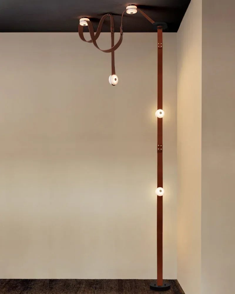 LightsStory Series Geometric Floor-to-Ceiling Light | Modular LED Handcrafted white alabaster with fine leather straps, Brown Leather finish for Rental apartments and modern living spaces American standing floor lamp