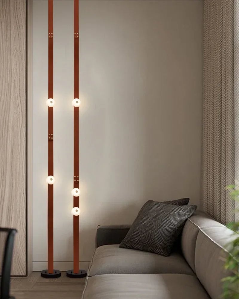 LightsStory Series Geometric Floor-to-Ceiling Light | Modular LED Handcrafted white alabaster with fine leather straps, Brown Leather finish for Rental apartments and modern living spaces American standing floor lamp