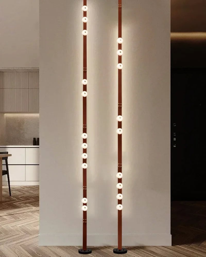 LightsStory Series Geometric Floor-to-Ceiling Light | Modular LED Handcrafted white alabaster with fine leather straps, Brown Leather finish for Rental apartments and modern living spaces American standing floor lamp