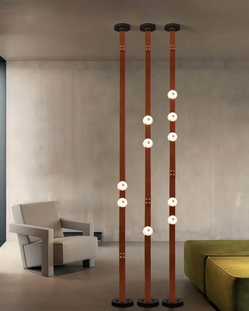 LightsStory Series Geometric Floor-to-Ceiling Light | Modular LED Handcrafted white alabaster with fine leather straps, Brown Leather finish for Rental apartments and modern living spaces American standing floor lamp