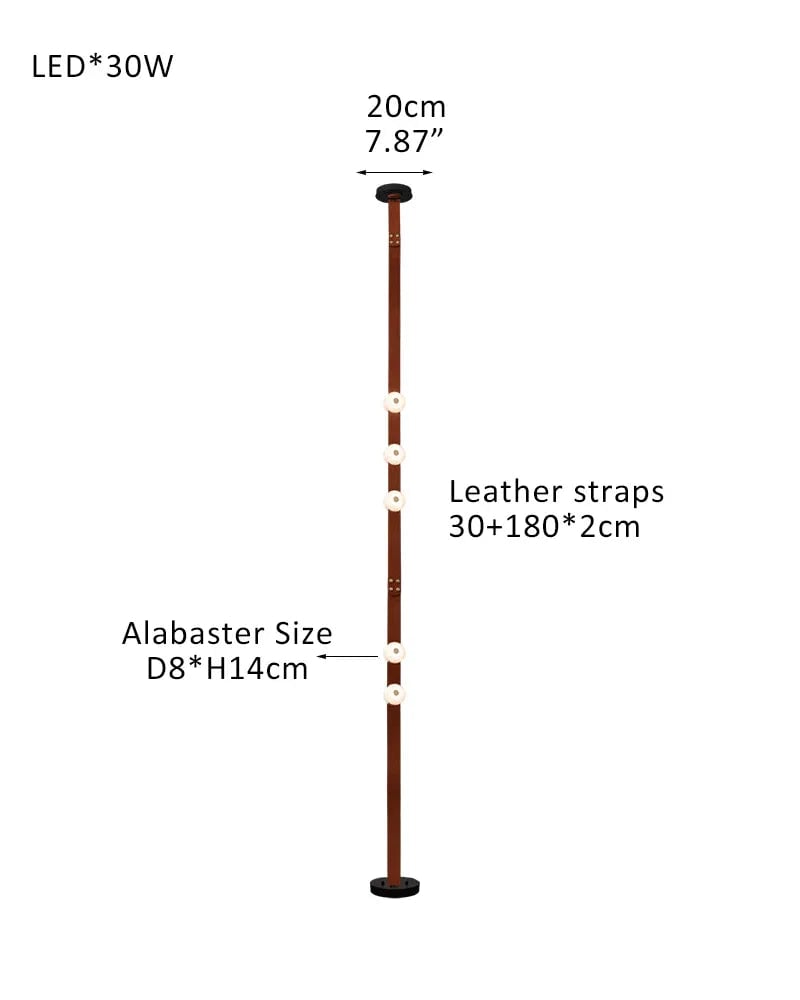 LightsStory Series Geometric Floor-to-Ceiling Light | Modular LED Handcrafted white alabaster with fine leather straps, Brown Leather finish for Rental apartments and modern living spaces 5-light-30+180X2cm Belt-B White Alabaster + Brown Leather American standing floor lamp