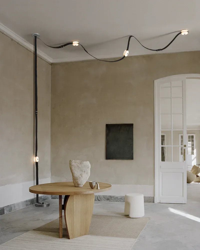 LightsStory Series Geometric Floor-to-Ceiling Light | Modular LED Handcrafted white alabaster with fine leather straps, Brown Leather finish for Rental apartments and modern living spaces American standing floor lamp