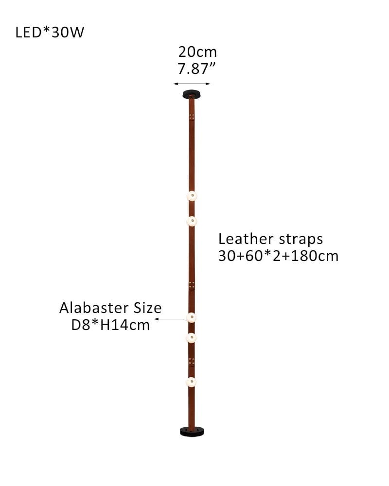 LightsStory Series Geometric Floor-to-Ceiling Light | Modular LED Handcrafted white alabaster with fine leather straps, Brown Leather finish for Rental apartments and modern living spaces 5-light-30+60X2+180cm Belt-A White Alabaster + Brown Leather American standing floor lamp