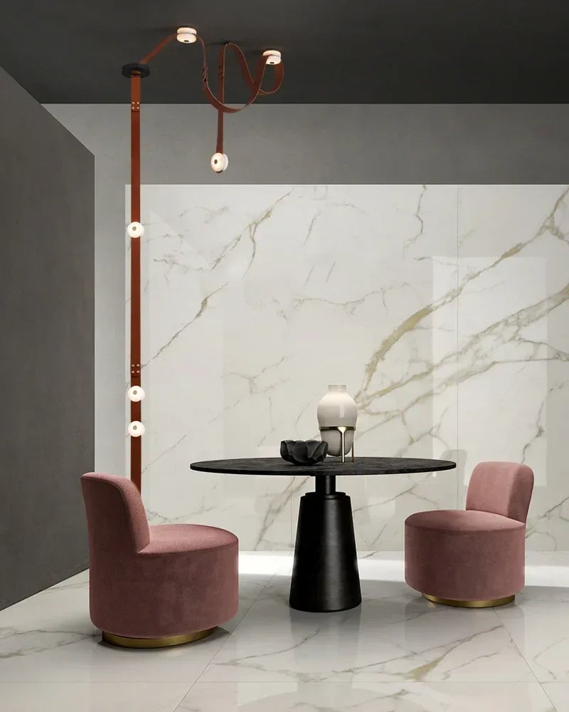 LightsStory Series Geometric Floor-to-Ceiling Light | Modular LED Handcrafted white alabaster with fine leather straps, Brown Leather finish for Rental apartments and modern living spaces American standing floor lamp