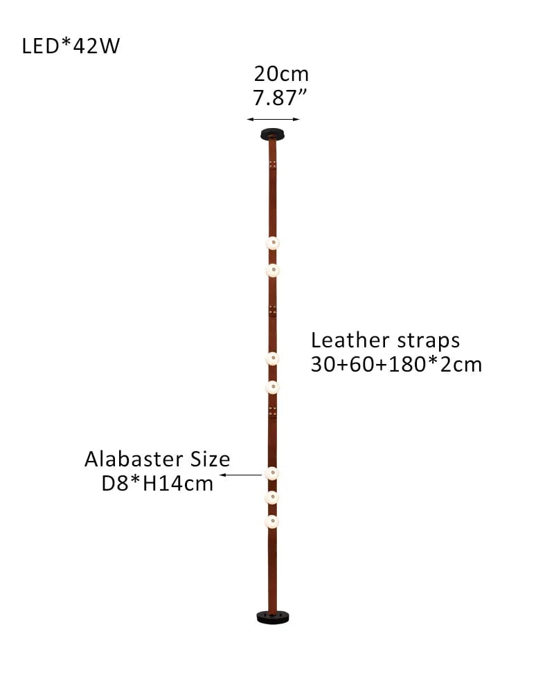 LightsStory Series Geometric Floor-to-Ceiling Light | Modular LED Handcrafted white alabaster with fine leather straps, Brown Leather finish for Rental apartments and modern living spaces 7-light-30+60+180X2cm Belt White Alabaster + Brown Leather American standing floor lamp