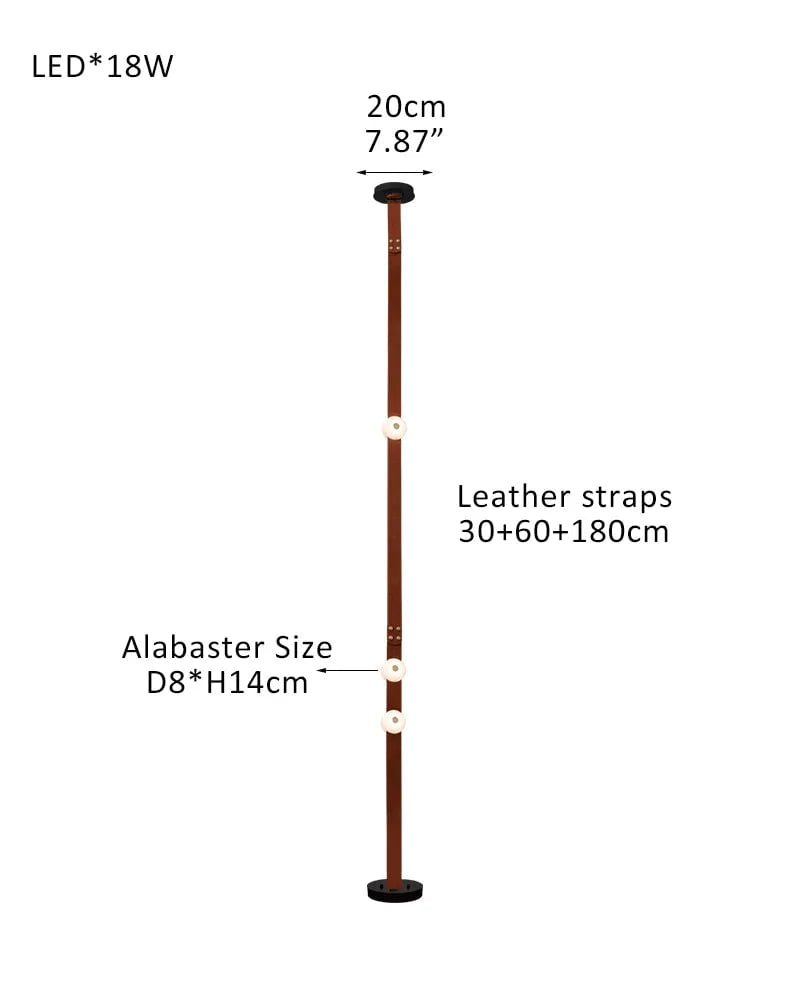 LightsStory Series Geometric Floor-to-Ceiling Light | Modular LED Handcrafted white alabaster with fine leather straps, Brown Leather finish for Rental apartments and modern living spaces 3-light-30+60+180cm Belt-B White Alabaster + Brown Leather American standing floor lamp