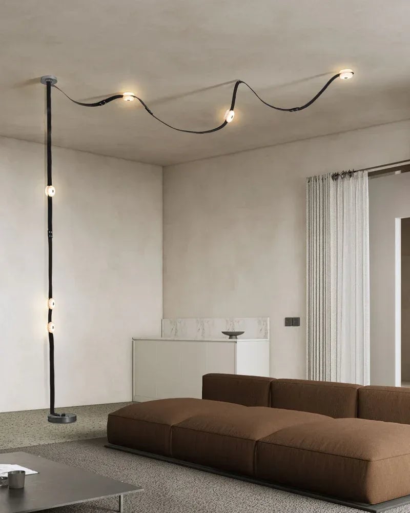 LightsStory Series Geometric Floor-to-Ceiling Lighting | Modular Alabaster Handcrafted white alabaster with fine leather straps, Black Leather Textured for Modern City Apartments and Urban Lofts American standing floor lamp