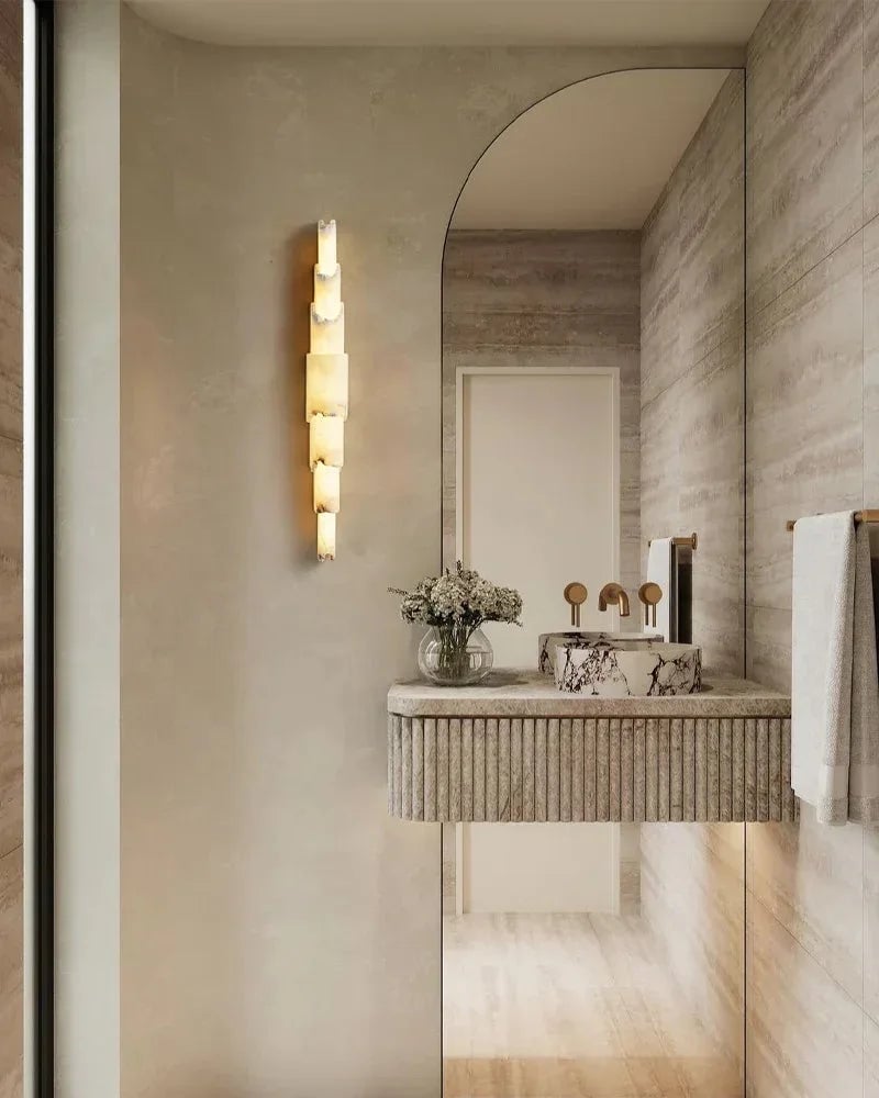 LightsStory Series Geometric Flush Mount | 5-Layer Cylinder Hand-finished White Alabaster stone and solid metal, Polished metal finish for Bedrooms, hallways, and dining spaces Flush Mounted Wall Sconce Lamp