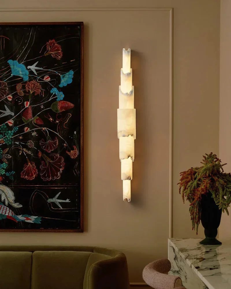 LightsStory Series Geometric Flush Mount | 5-Layer Cylinder Hand-finished White Alabaster stone and solid metal, Polished metal finish for Bedrooms, hallways, and dining spaces Flush Mounted Wall Sconce Lamp