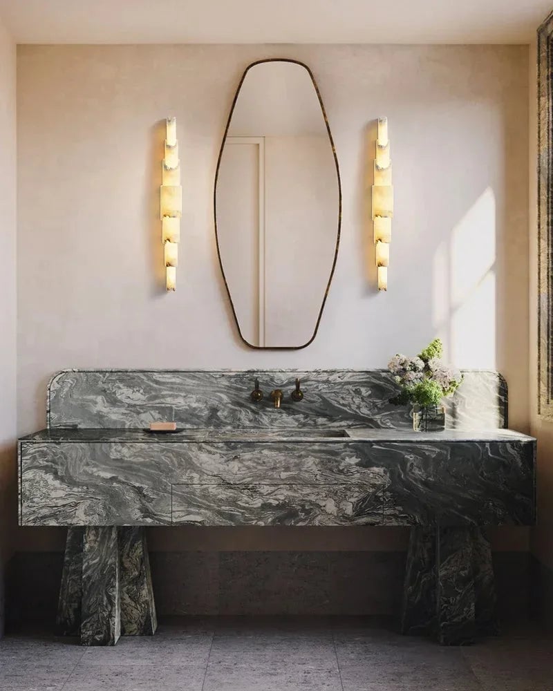 LightsStory Series Geometric Flush Mount | 5-Layer Cylinder Hand-finished White Alabaster stone and solid metal, Polished metal finish for Bedrooms, hallways, and dining spaces Flush Mounted Wall Sconce Lamp