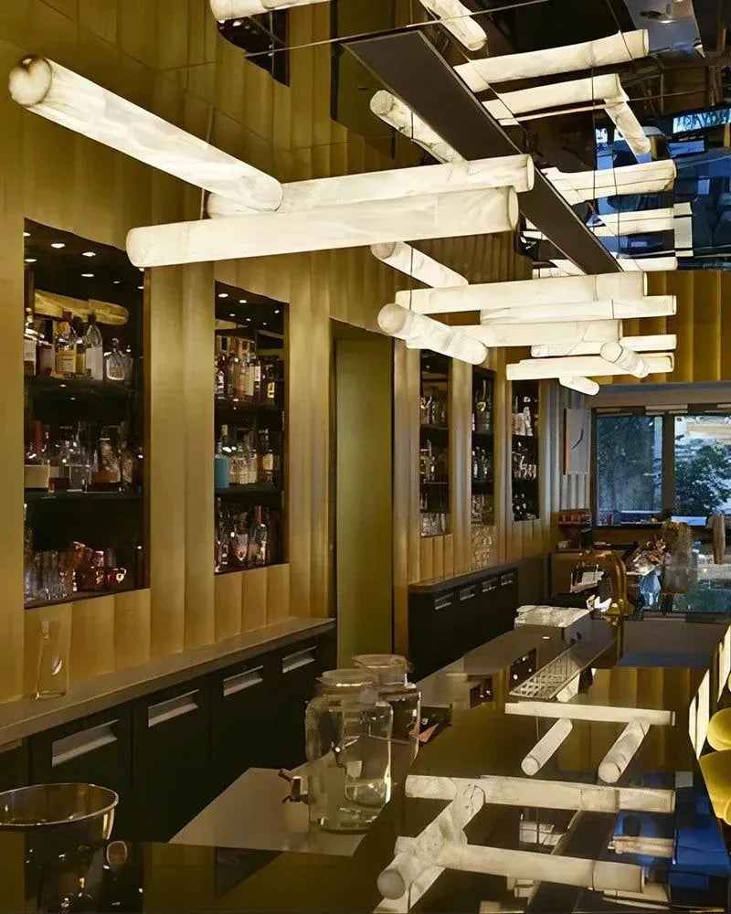 LightsStory Series Geometric Hanging Light | Linear Infinity Natural Alabaster and Copper, Warm Copper finish for Modern homes and luxury dining areas American chandelier