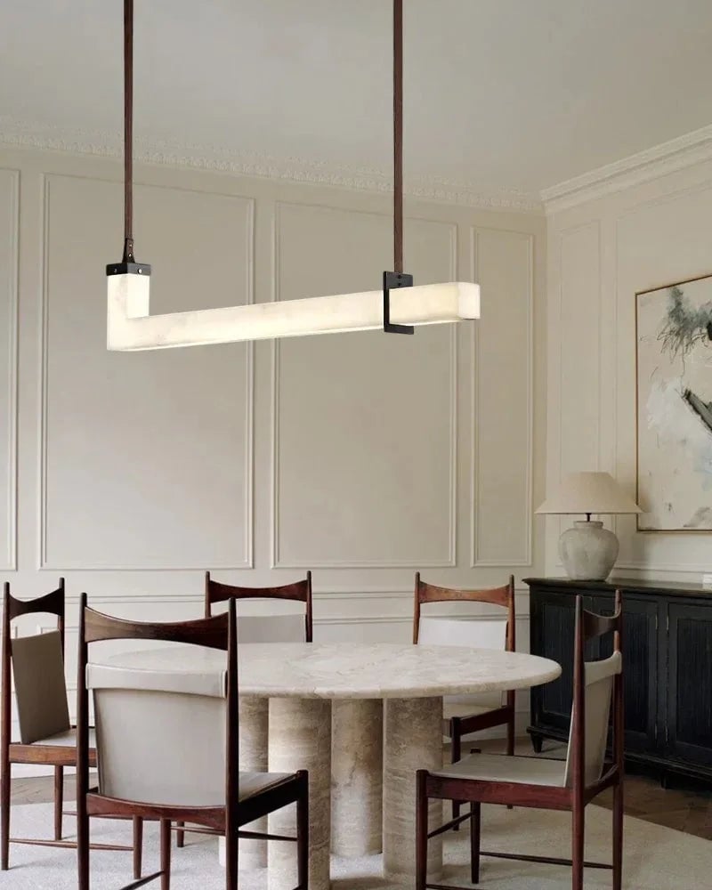 LightsStory Series Geometric Linear Pendant Light | Linear Natural Spanish Alabaster and Brown Leather, Matte Black finish for Kitchen Islands and Dining Rooms American chandelier