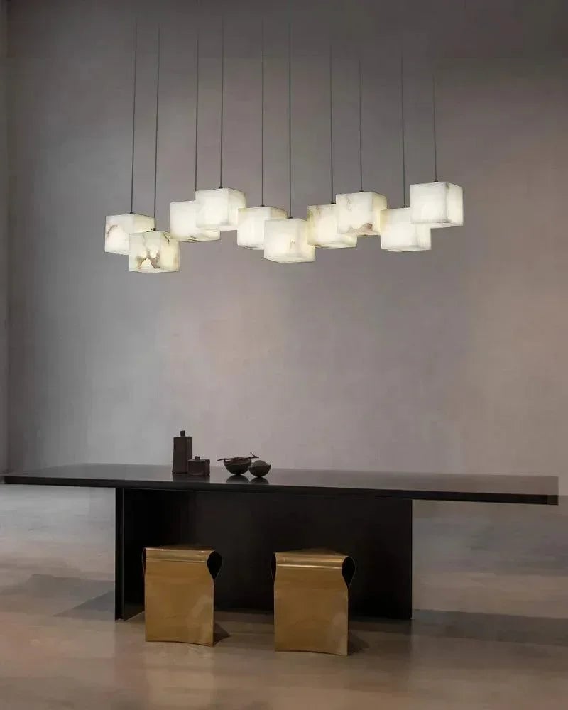 LightsStory Series Geometric Linear Pendant Light | Square Cube Cluster Natural Spanish Alabaster, Natural Stone Texture for Dining Rooms and Kitchen Islands Modern Pendant lamp
