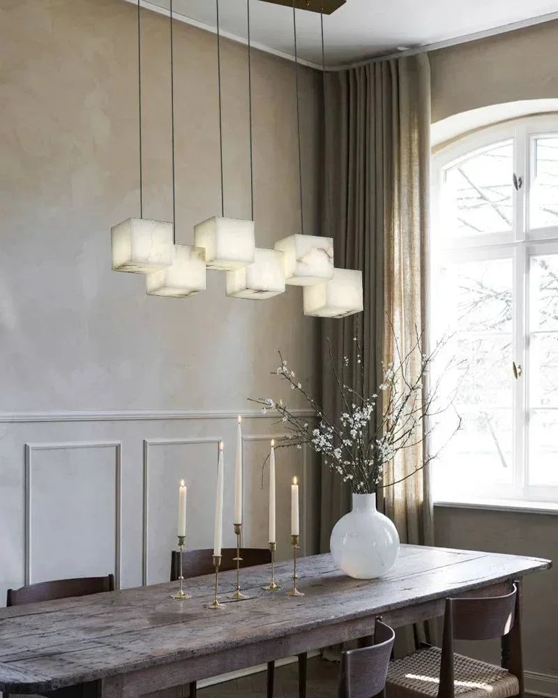 LightsStory Series Geometric Linear Pendant Light | Square Cube Cluster Natural Spanish Alabaster, Natural Stone Texture for Dining Rooms and Kitchen Islands Modern Pendant lamp