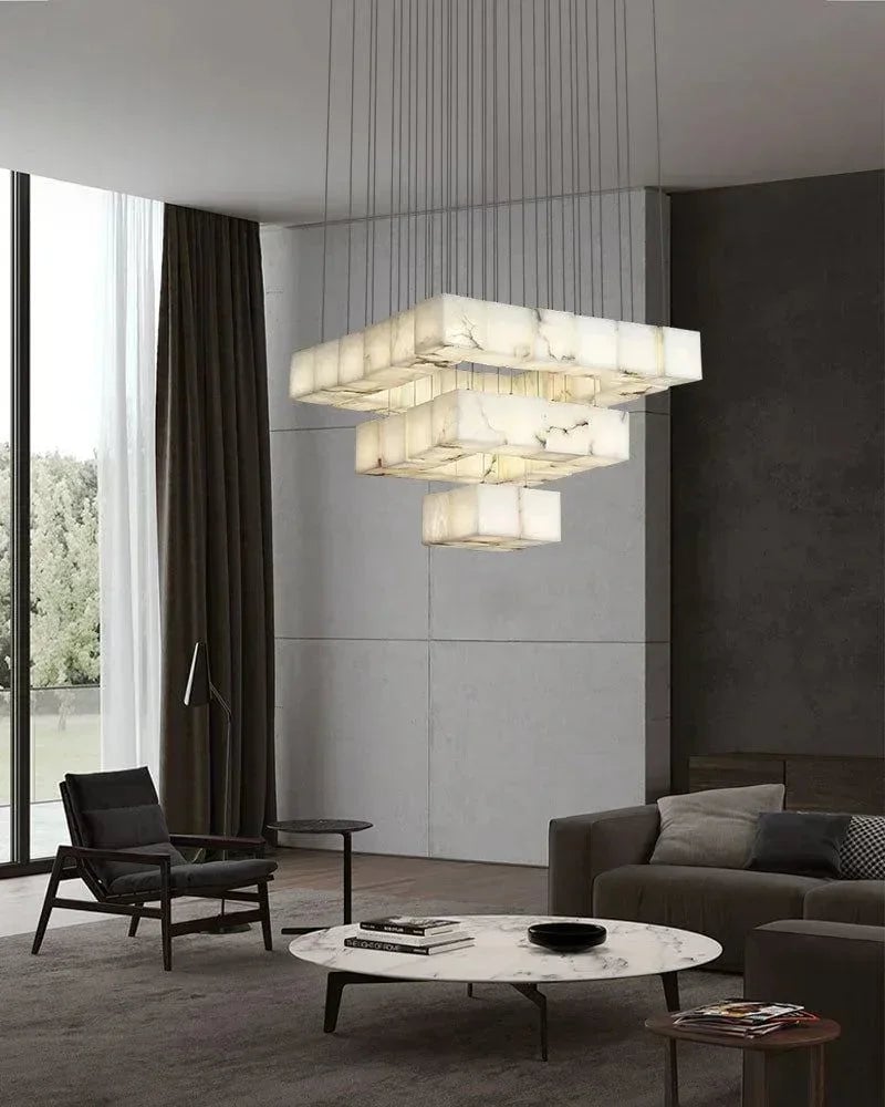 LightsStory Series Geometric Linear Pendant Light | Square Cube Cluster Natural Spanish Alabaster, Natural Stone Texture for Dining Rooms and Kitchen Islands Modern Pendant lamp