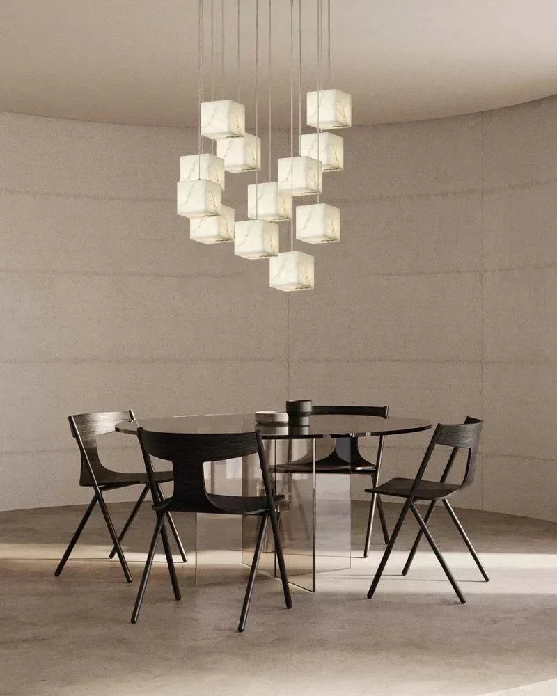 LightsStory Series Geometric Linear Pendant Light | Square Cube Cluster Natural Spanish Alabaster, Natural Stone Texture for Dining Rooms and Kitchen Islands Modern Pendant lamp