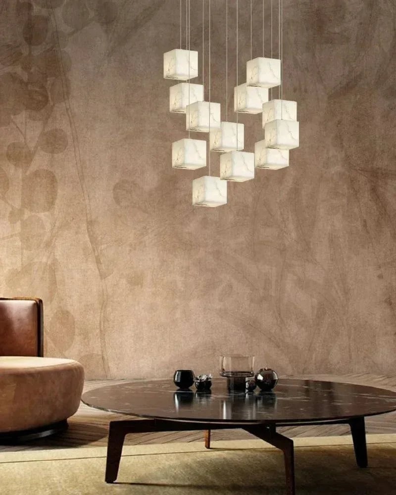 LightsStory Series Geometric Linear Pendant Light | Square Cube Cluster Natural Spanish Alabaster, Natural Stone Texture for Dining Rooms and Kitchen Islands Modern Pendant lamp