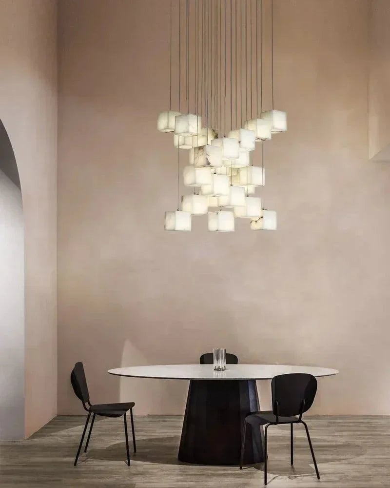 LightsStory Series Geometric Linear Pendant Light | Square Cube Cluster Natural Spanish Alabaster, Natural Stone Texture for Dining Rooms and Kitchen Islands Modern Pendant lamp