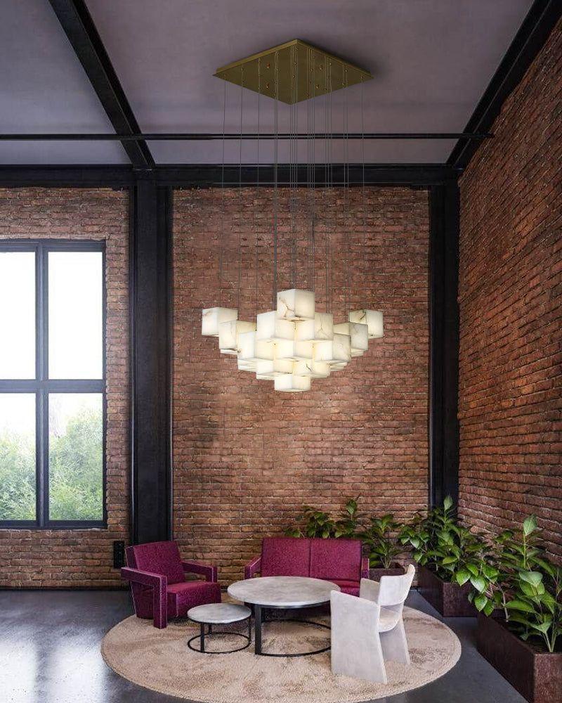 LightsStory Series Geometric Linear Pendant Light | Square Cube Cluster Natural Spanish Alabaster, Natural Stone Texture for Dining Rooms and Kitchen Islands Modern Pendant lamp