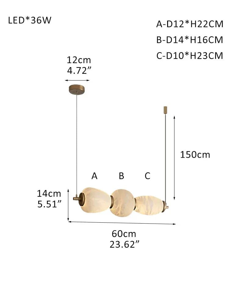 LightsStory Series Geometric Linear Pendant | Linear Hand-carved natural alabaster stone, Sleek brass finish for Kitchen islands, desks, and dining tables 3-light-L60*H14CM L23.62"*H5.5"-Pendant White + Brass Modern Pendant lamp
