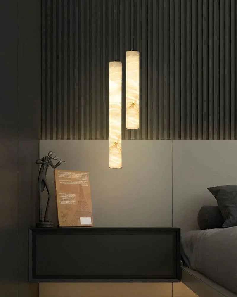 LightsStory Series Geometric Pendant Lamp | Alabaster Cylinders Natural Alabaster stone with solid brass fittings, Aged Brass and Black finish for Dining rooms and entryways Vintage Simple Hanging Lamp