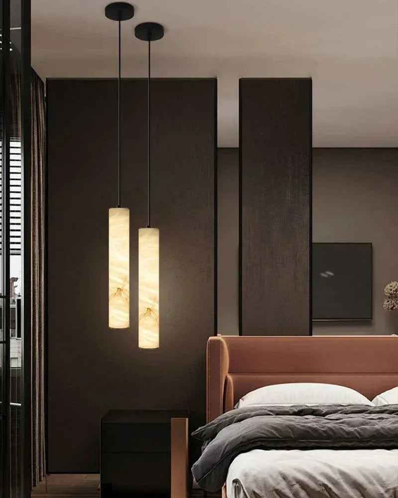 LightsStory Series Geometric Pendant Lamp | Alabaster Cylinders Natural Alabaster stone with solid brass fittings, Aged Brass and Black finish for Dining rooms and entryways Vintage Simple Hanging Lamp