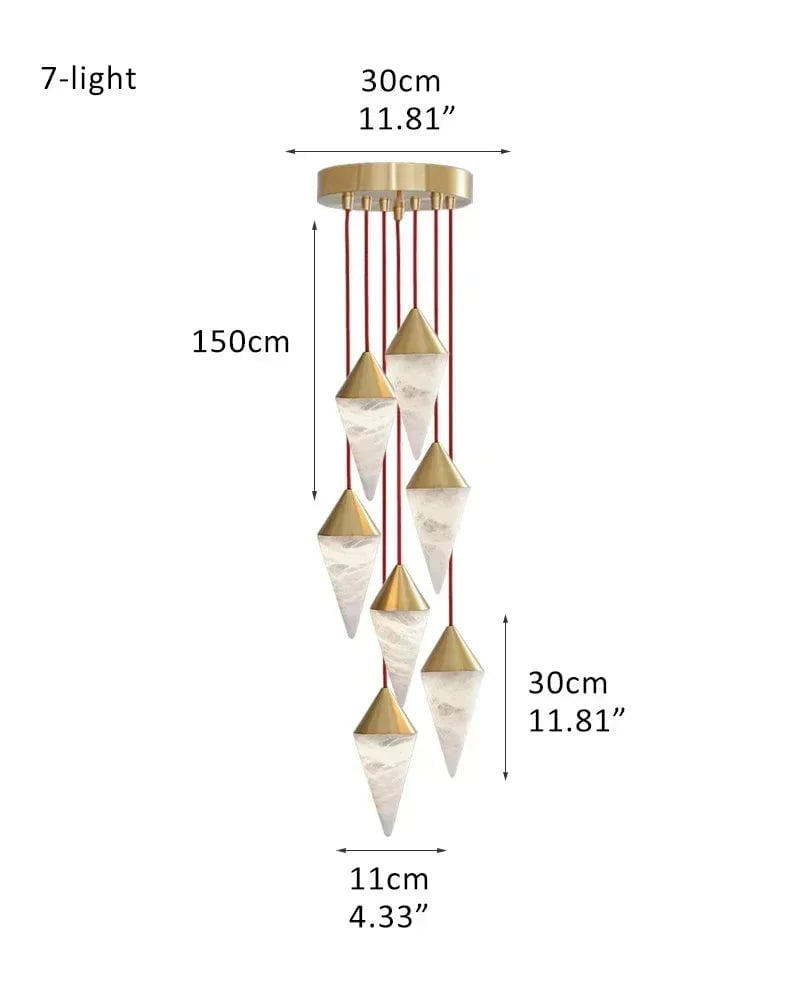 LightsStory Series Geometric Pendant Light | Cluster Cone Natural Alabaster and Lacquered Brass, Lacquered Brass and Black Metal for Dining Rooms and Entryways 7-light-D11*H30CM D4.33"*H11.81" White + Gold Modern Pendant lamp