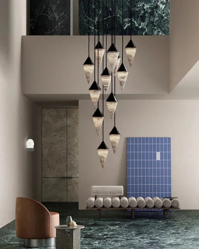 LightsStory Series Geometric Pendant Light | Cluster Cone Natural Alabaster and Lacquered Brass, Lacquered Brass and Black Metal for Dining Rooms and Entryways Modern Pendant lamp