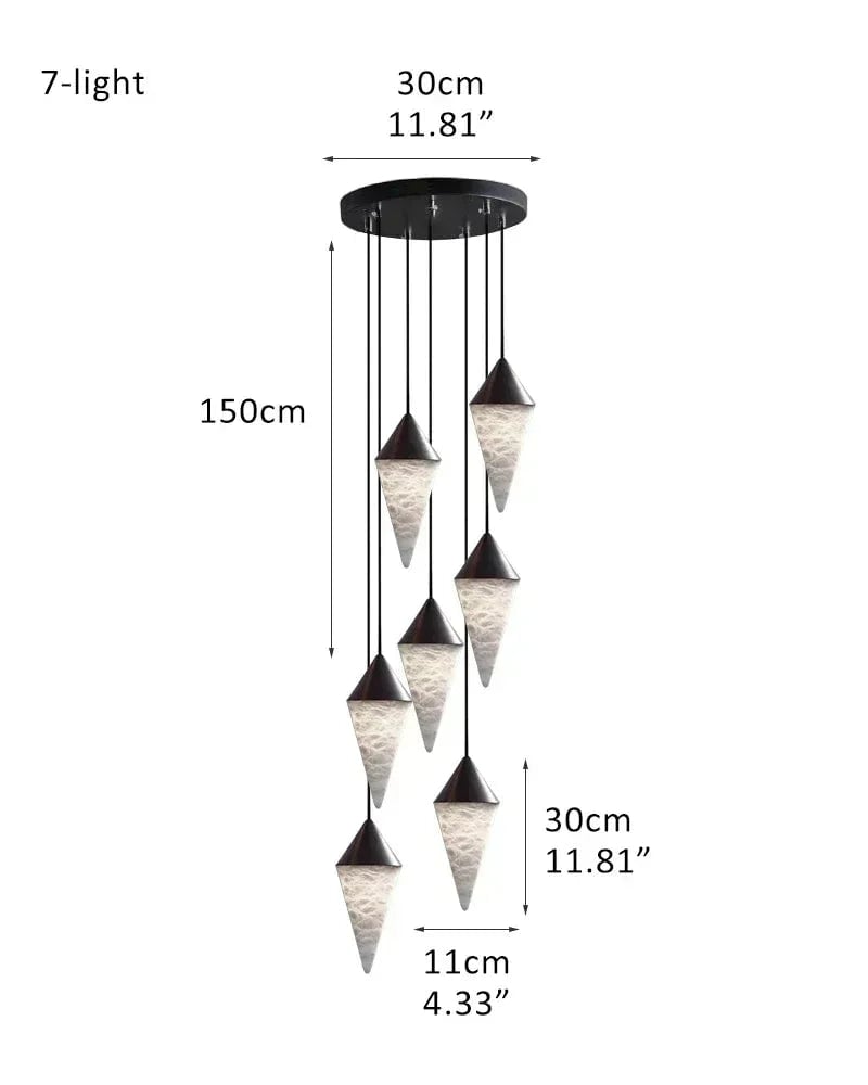 LightsStory Series Geometric Pendant Light | Cluster Cone Natural Alabaster and Lacquered Brass, Lacquered Brass and Black Metal for Dining Rooms and Entryways 7-light-D11*H30CM D4.33"*H11.81" Black + White Modern Pendant lamp