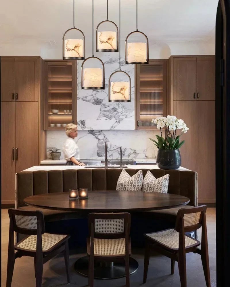 LightsStory Series Geometric Pendant Light | Cluster Dome Carved Organic Alabaster and Geometric Brass, Matte Black and Brass Edges for Kitchen Islands and Entryways Modern Pendant lamp